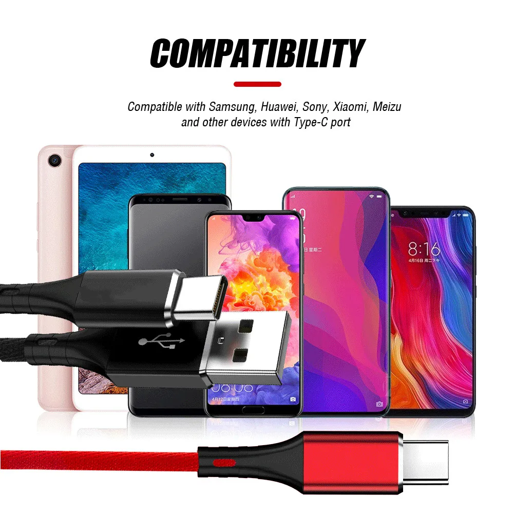 USB 3.1 نوع C شاحن كابل بيانات سريع شحن بيانات الرصاص للهواتف الذكية