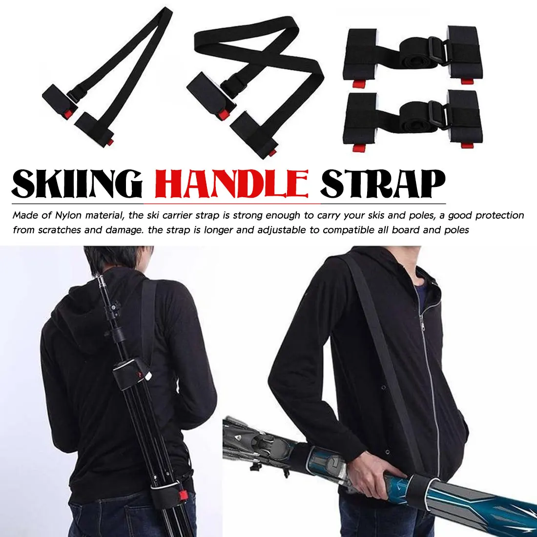 

Skis shoulder straps outdoor skis non-slip shoulder straps flexible length double snowboard fixed shoulder Black Nylon straps