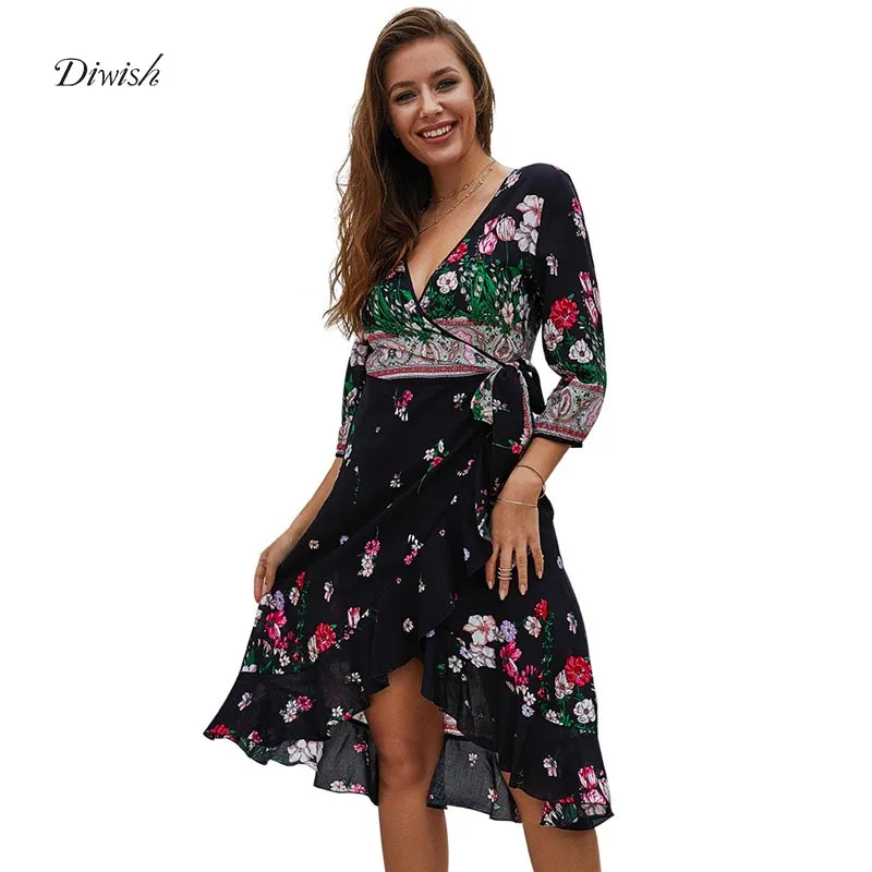 

Diwish Women Summer Dress 2019 Floral Print V-Neck Black Bohemian Dress Ruffle Asymmetric Wrap Dress Casual Boho Beach Dress