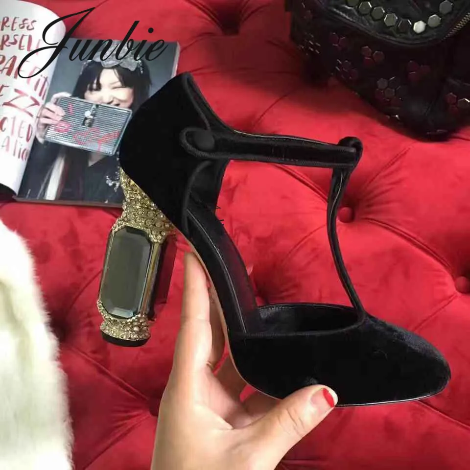 Hauts as Bout As Chunky Mary Pic Talons Pompes Jewel Cuir Talon Véritable Femmes Cristal Pic Rond En Perles Chaussures Janes Nouveau Junbie qRfAn464