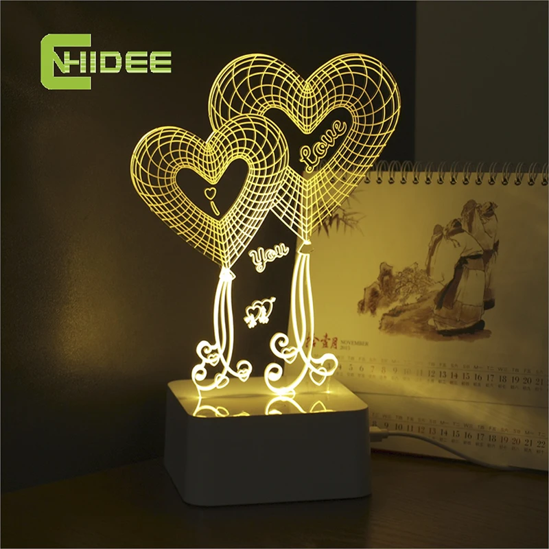 USB Lampara Led Lights Love Heart 3d Touch Table Lamp for Wedding