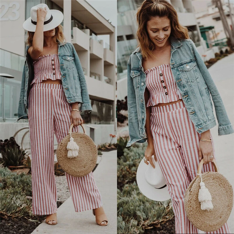 Женский деловой костюм в полоску Boho OL комплект из топа без бретелек с оборками +