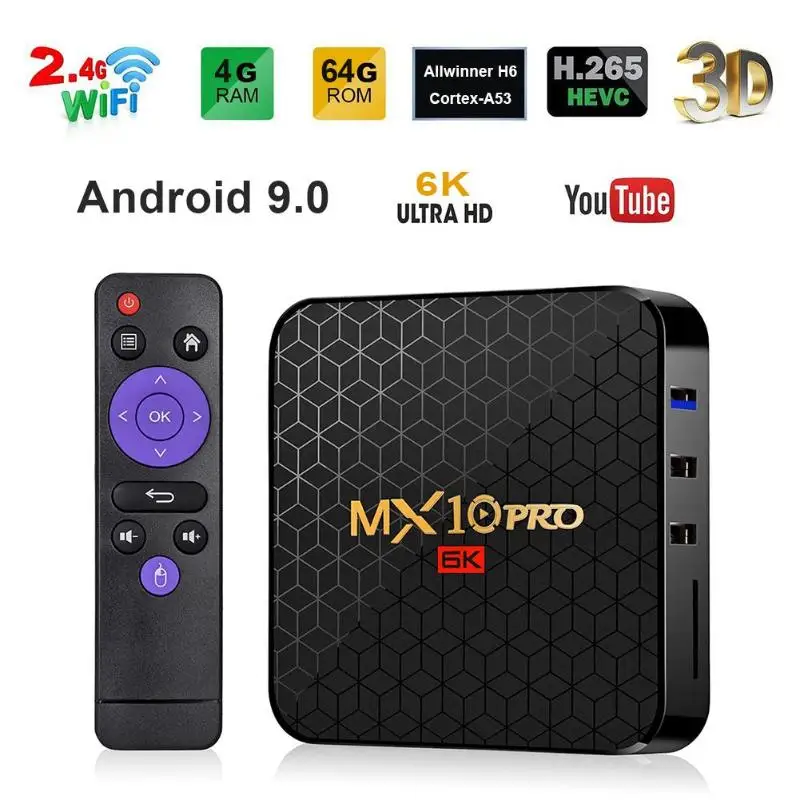 

MX10 Pro Android 9.0 Smart TV BOX Quad Core HD2.0 Allwinner H6 Set-Top Box 6K USB 3.0 4GB Ram Media Player Set Top Box