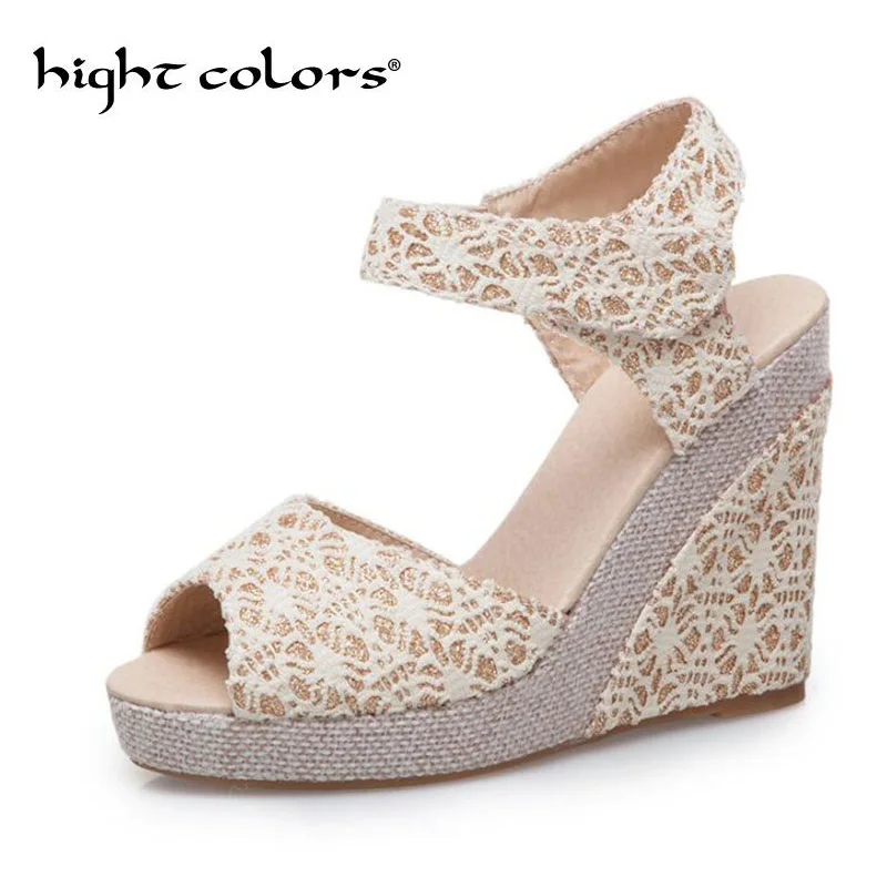 

2019 New Summer Fashion Lace Hollow Gladiator Wedges Sandals Shoes Woman Slides Peep Toe Hook & Loop Solid Lady Casual Shoes 45