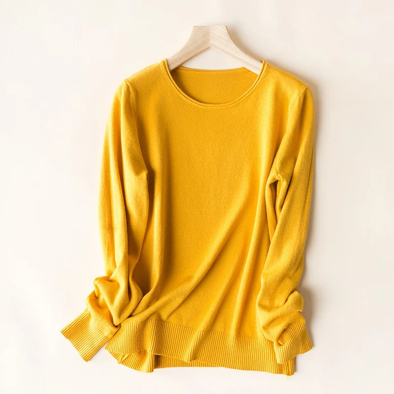 Новинка, стильный женский вязаный кашемировый шерстяной свитер, Одноцветный пуловер с круглым вырезом, повседневный теплый свободный модный свитер - Цвет: Цвет: желтый
