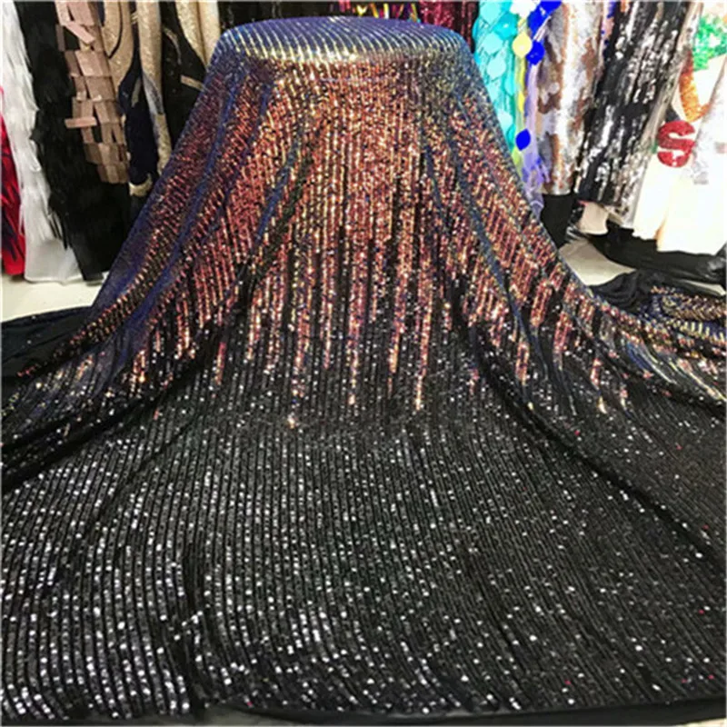 

2019 high quality French Nigerian sequins net lace,African tulle mesh sequence lace fabric for party dress 5yards/lot black