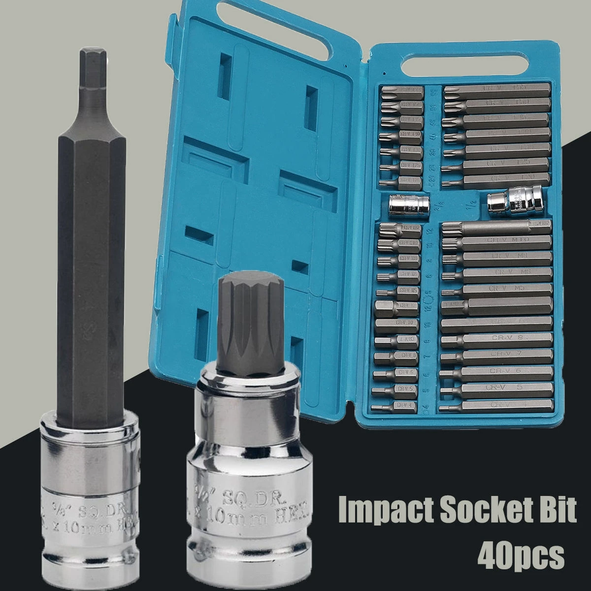 40Pcs x 1/2'' 3/8'' Adaptor Drive Shank Hex Torx XZN Spline Star Impact Sockets Set