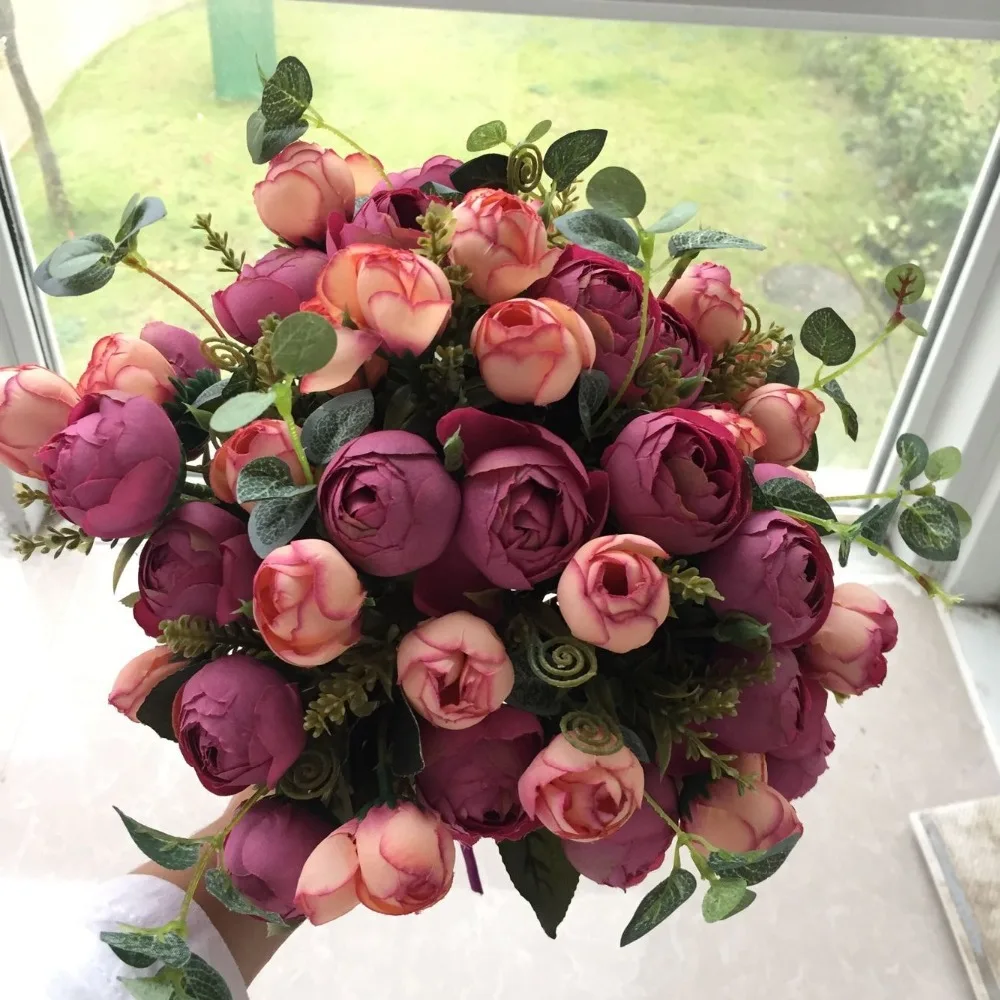 

handmade Bridal Bouquet 2019 Tea Rose Ribbon Pink Wedding Bouquet for Bridesmaids Flowers For Wedding party pink color