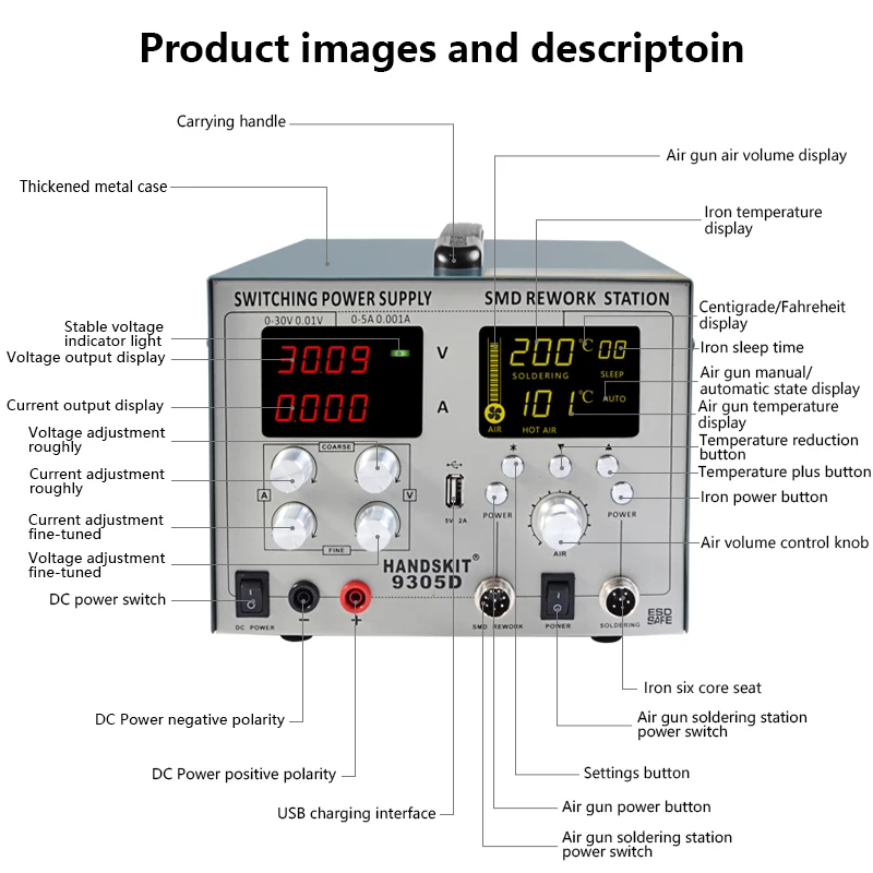 HANDSKIT9305D 110 В/220 В 4 в 1 30 в 5A DC источник питания SMD фена паяльная станция Автоматический Режим сна паяльная станция Usb 5v2a