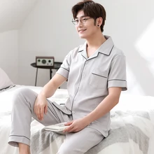 Хлопковые пижамы с короткими рукавами для мужчин, однотонный кардиган, пижамы, повседневная одежда для сна, комплект из двух предметов, пижамы, большие размеры, Весенняя Мужская пижама