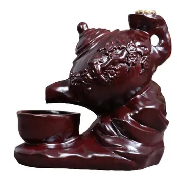 

Teapot Shape With Cup Backflow Incense Burner Padauk Carved Flower Smoke Waterfall Incense Holder Aromatherapy Home Yoga Decor