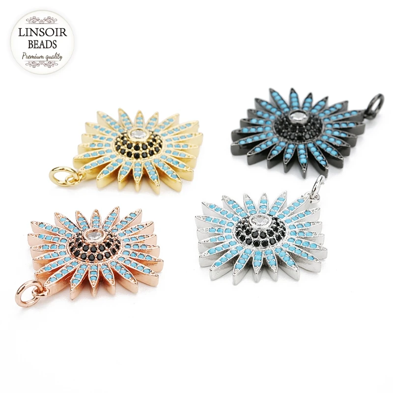 

Linsoir Golden Color Crystal Copper Sun Flower Pendants Charms Connectors 25x27mm For Bracelet Necklace DIY Jewelry Making