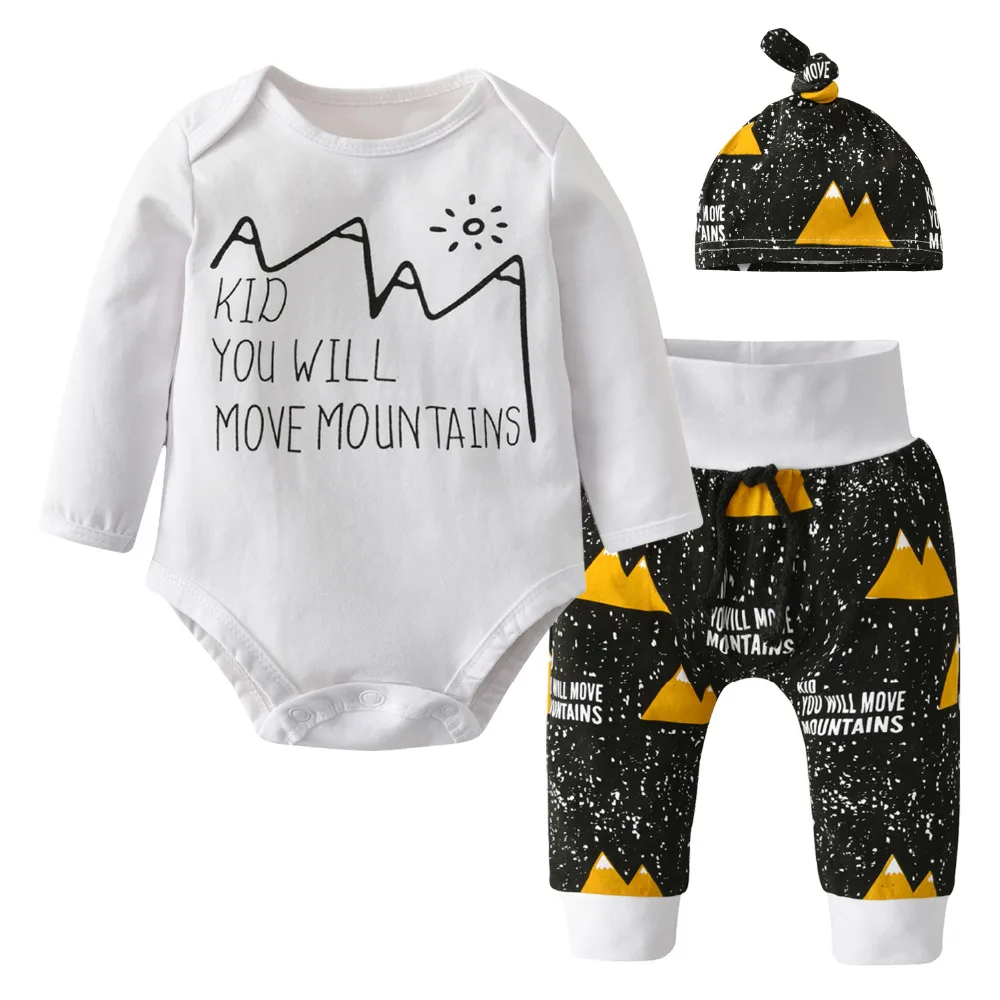

3Pcs Baby Boy Clothes Outfits Set Long Sleeve Move Mountains Print Bodysuits+Pants+Hat Infant Toddler Clothing