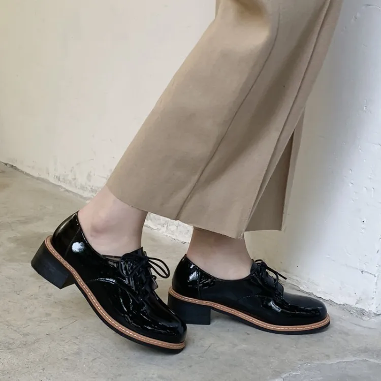 Stil Oxfords Retro Oxford Britischen Frühling 2019 Up Schuhe Schwarzes Spitze Frauen Brogue Leder Weichen Wohnungen Casual dSFF4q8xw