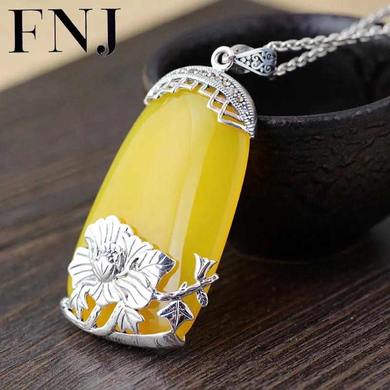 

FNJ 925 Silver Flower Pendant Natural Yellow Chalcedony Stone Original S925 Thai Silver Pendants for Women Jewelry Making