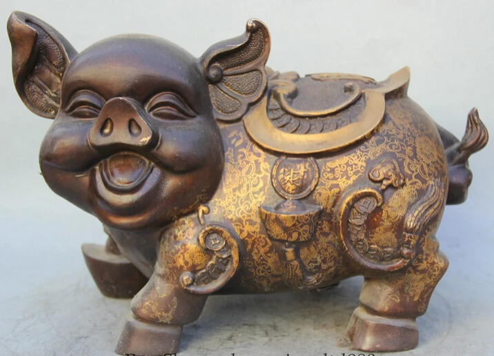 

JP S62 16" Chinese Bronze Folk Fu Wealth Money Zodiac Year Pig flower sculpture Statue B0403