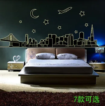 

Wall Decal San Francisco Skyline Moon Plane Glow in the Dark Wall Stickers Decals Removable DIY nursery room Art Mural