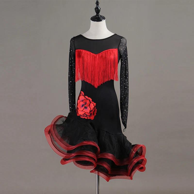 Платье для латинских танцев женские черные красные вышивка кисточки Сальса танцевальная одежда лирические танцевальные костюмы черные красные цвета Асимметричный Подол