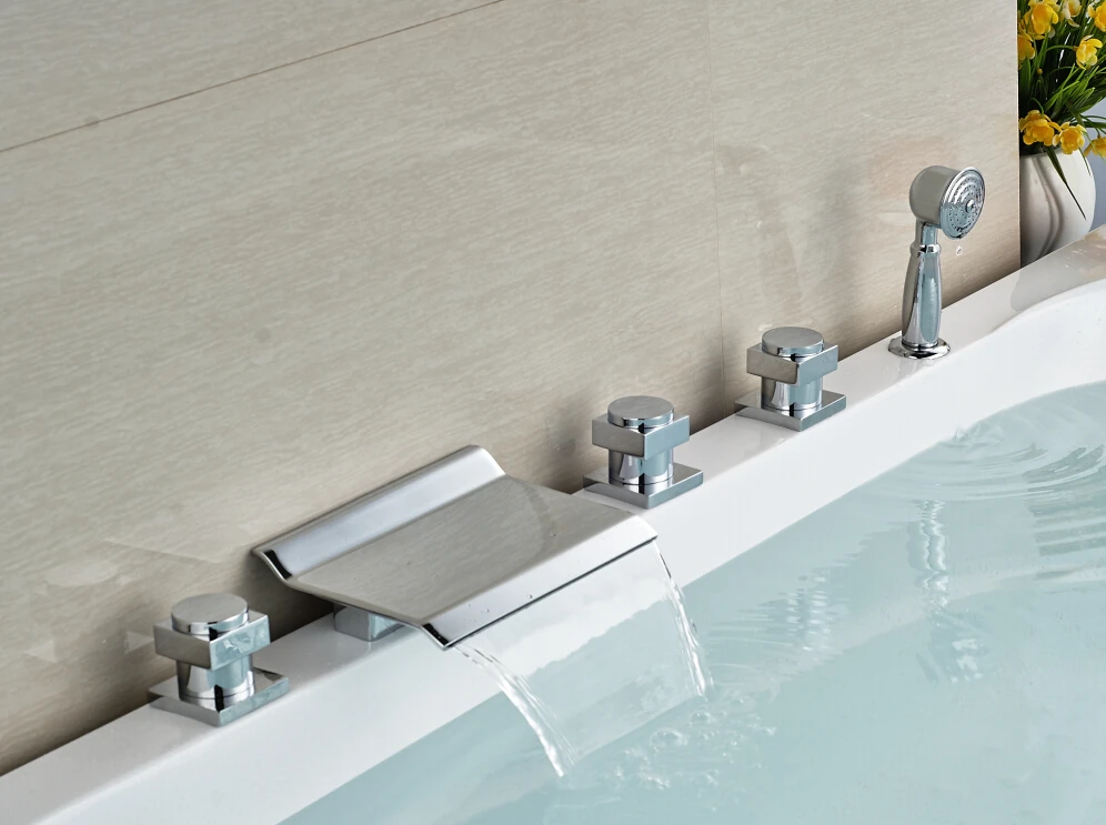 

Chrome Finish 3 Handles Widespread Bathtub Mixer Faucet with Handheld Spray