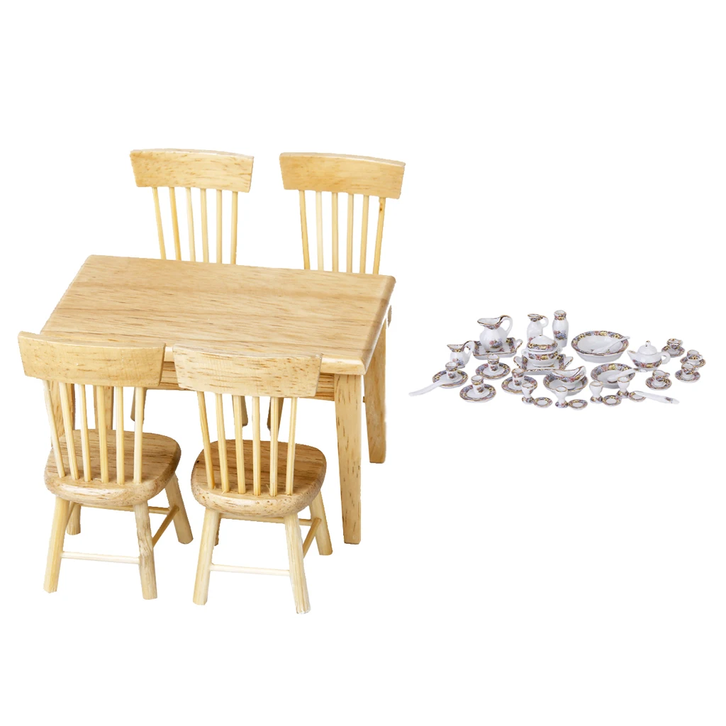 

5Pcs Vintage Dollhouse Miniature Wooden Table Chair & 40Pcs Porcelain Tea Coffee Set Dolls Dining Rooms Items Accessories