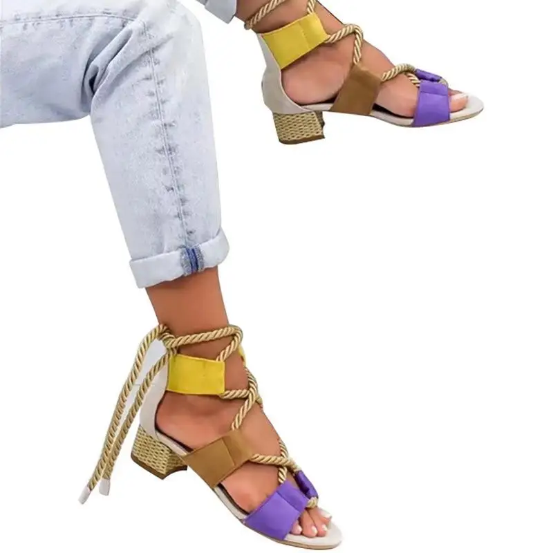 Women Sandals Lace Up Summer Shoes Woman Heels Pointed Fish Mouth Gladiator Pumps Hemp Rope High Knot rope Strap Sexy - Цвет: 695 Beige