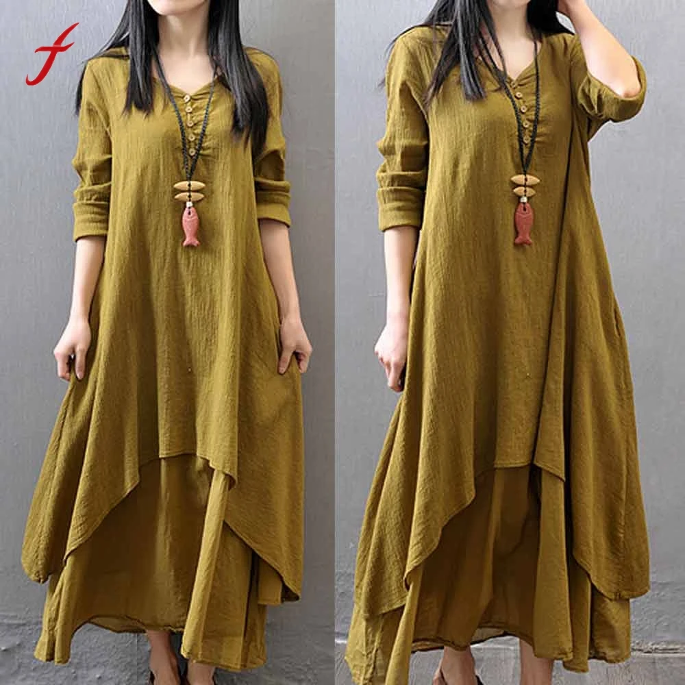 Women Dresses Casual Loose Long Sleeve Cotton Linen Boho Long Dress ...