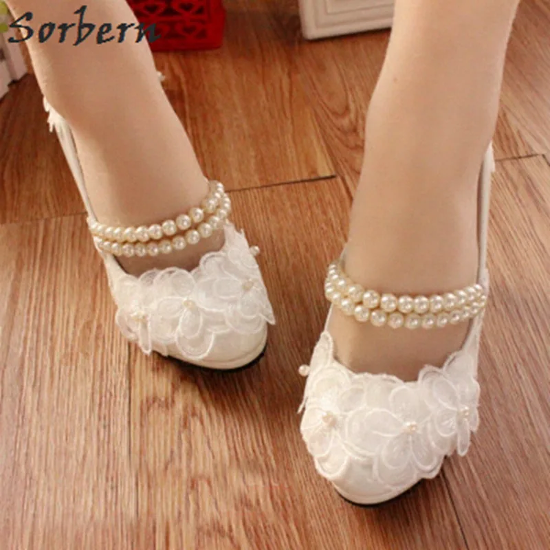

Sorbern Sweet White Organza Flowers Mary Janes Wedding Shoes Beading Straps Bridal Shoes High Heels 8Cm/5Cm/3Cm Woman Shoes 2018