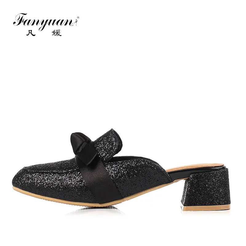 

Fanyuan Fashion Mixed Colors Sequined Cloth Slippers Women Shoes Casual Shallow Butterfly-knot High heels Summer Outside Slides