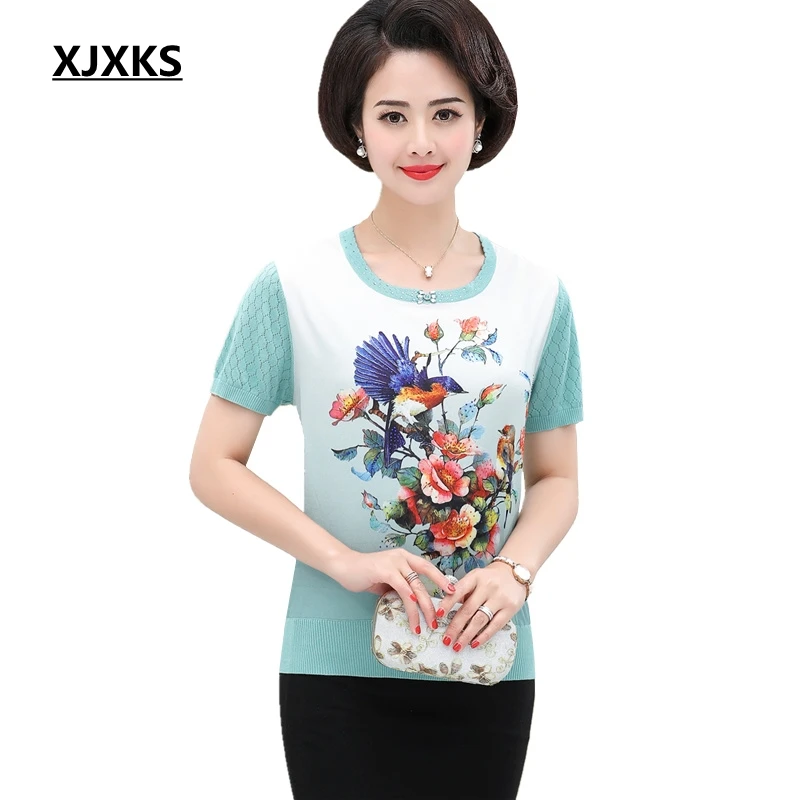 

XJXKS T Shirt Women Camiseta Mujer Women Clothes 2019 Tee Shirt Femme Plus Size Print Flower Knitted T-shirt Summer Top