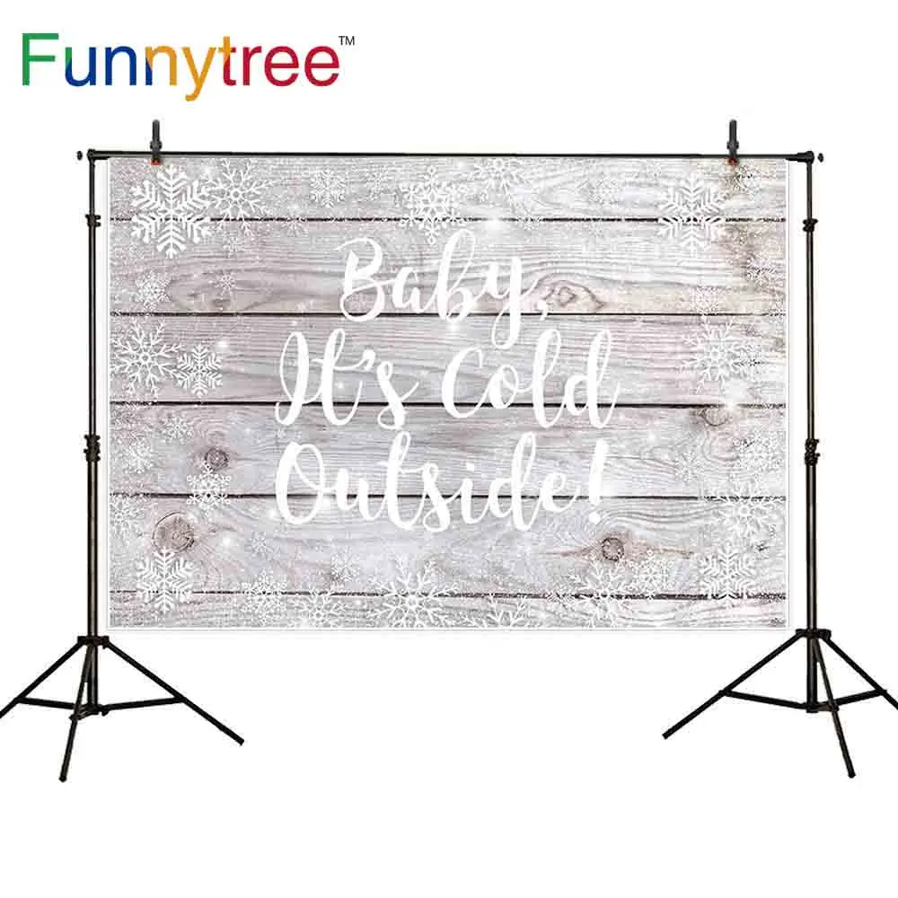 

Funnytree background photophone baby it is cold outside Christmas snowflake wooden wall holiday photography backdrop photo prop