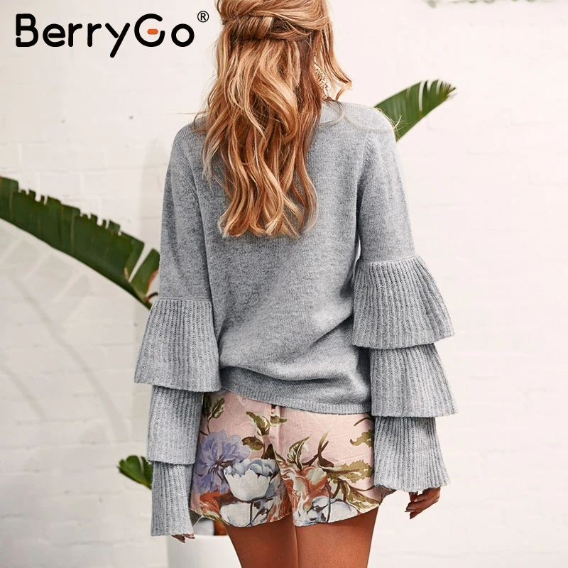 BerryGo فضفاض flare كم الحياكة الشتاء سترة النساء أنيقة الخريف السترة موهير invierno 2017 لينة سحب حك قميص البلوز