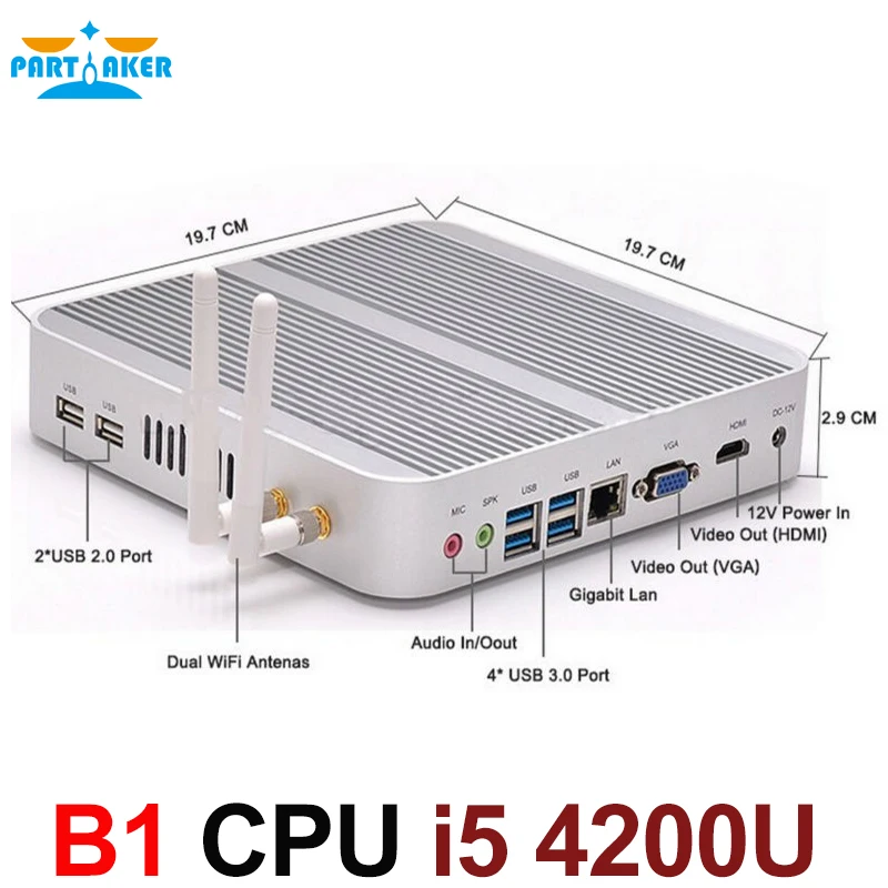 Fanless 4K HTPC TV Box Nuc Computer Barebone Mini PC I5 4200u with Intel Core i5 4200U Max 16G RAM 512G SSD 1TB HDD Windows 10