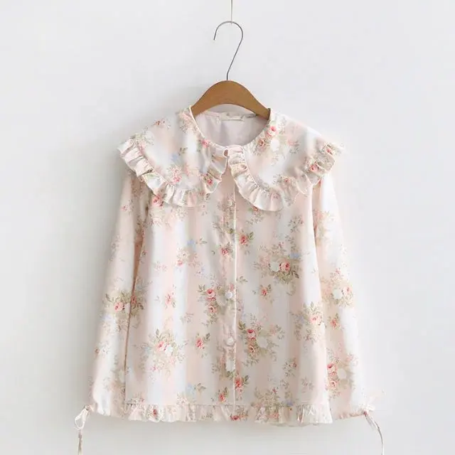 

Mori Girl Blouse Loose Women Cute Peter Pan Colloar Tops Preppy Long Sleeve Lace Autumn Rose Womens Floral Print Chiffon Blouse