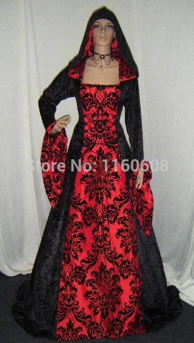 

Medieval Renaissance Vampire Hooded Gown Red And Breack