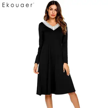 

Ekouaer Autumn Nightdress Sleepwear Women's Solid Lace V-Neck Long Sleeve Loose Sleep Night Dress Female Soft Nightgown