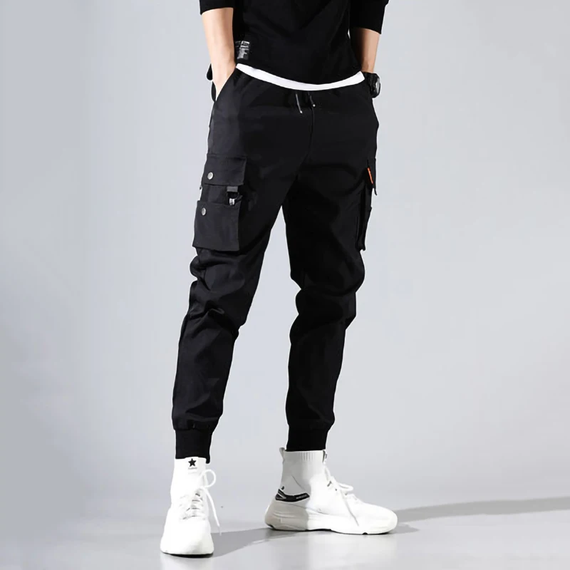 Cargo Pants Men Solid Color Black Loose Casual Jogger Pocket Elastic waist Ankle Length Trousers Techwear 2