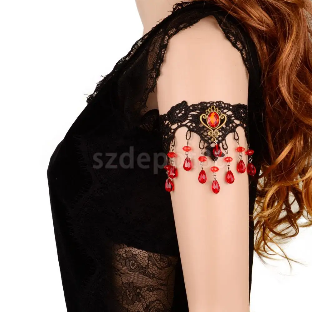 

2016 New Gothic Victorian Womens Black Lace Red Beads Drop Arm Chain Upper Armband Armlet Jewelry Gifts