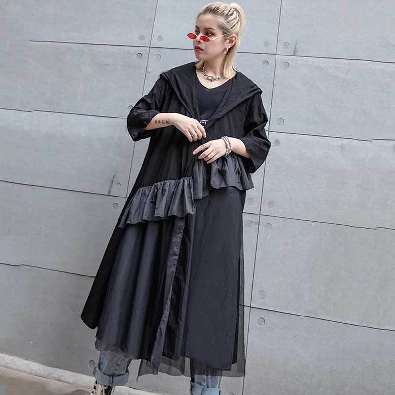 FREE SHIPPING New Spring Summer Hooded Long Sleeve Black Ruffle JKP1732 ...