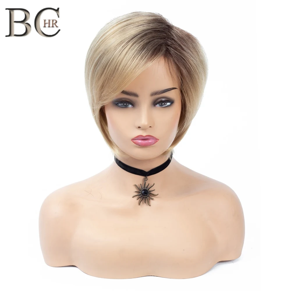 

BCHR Ombre Wig Short Straight Wig Blonde Synthetic Wigs for Women Dark Roots Brown Hair for Daily