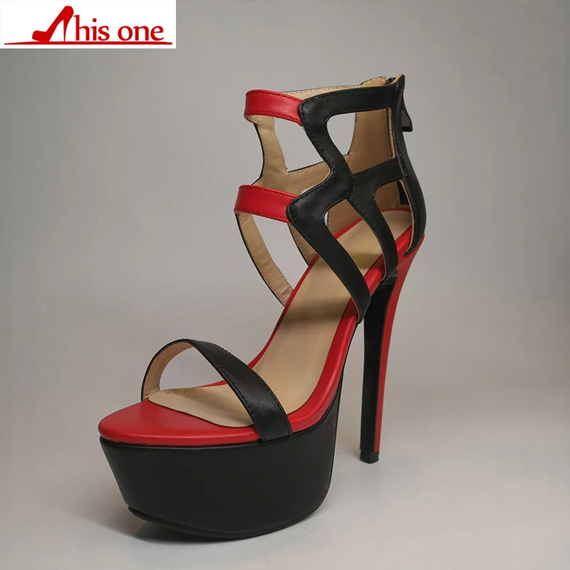 

2019 New red black Zip Fashion Sexy High Heel Platform Summer Gladiator Party Shoes Lady Cutout Sandals plus size35-47