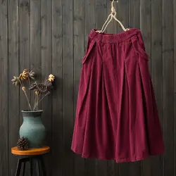 Осенние новые японские литературный вельветовые юбки Сен женской линии свободные эластичный пояс плиссированные Юбки формы А