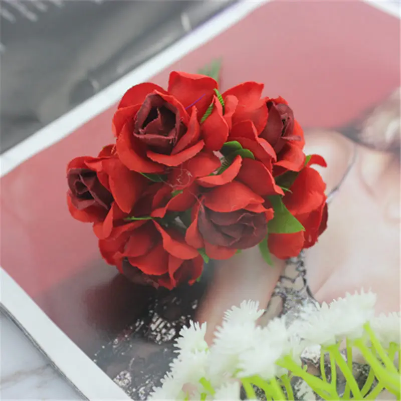 6 шт./лот мини-букет роз из шелка искусственный цветок для украшения свадьбы дом Флорес Свадебный костюм шляпа DIY аксессуары