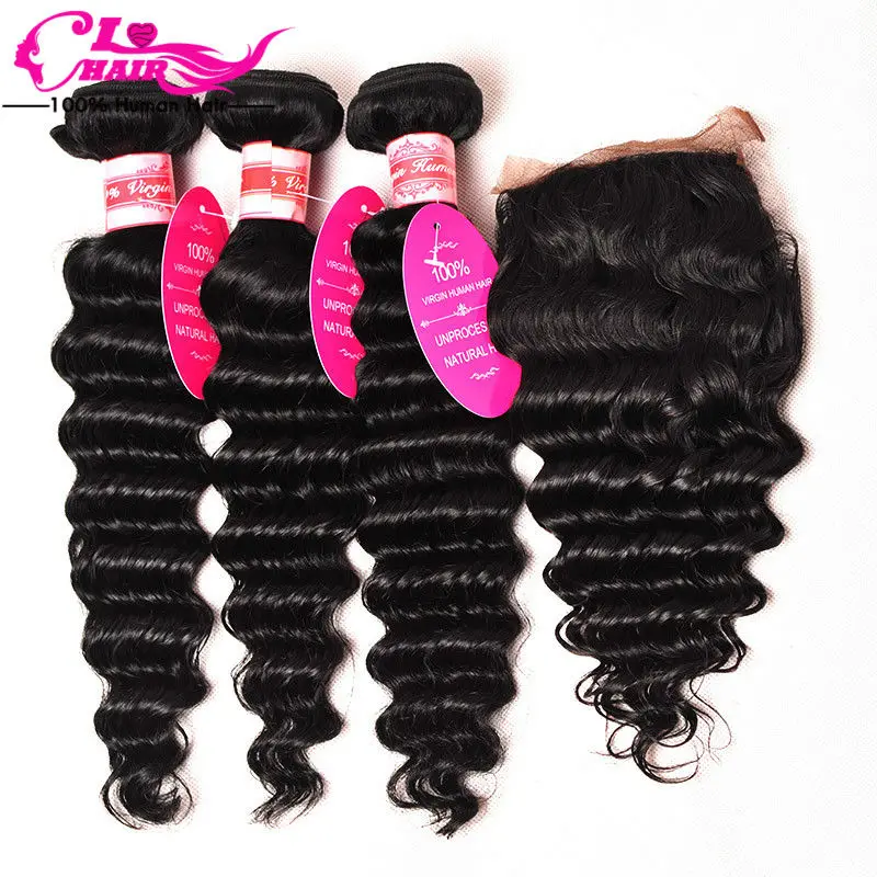 

3 Bundles Peruvian Deep Wave With Closure 4x4 Middle Free Part Lace Closure With Bundles Cheap Human Hair With Closure Piece