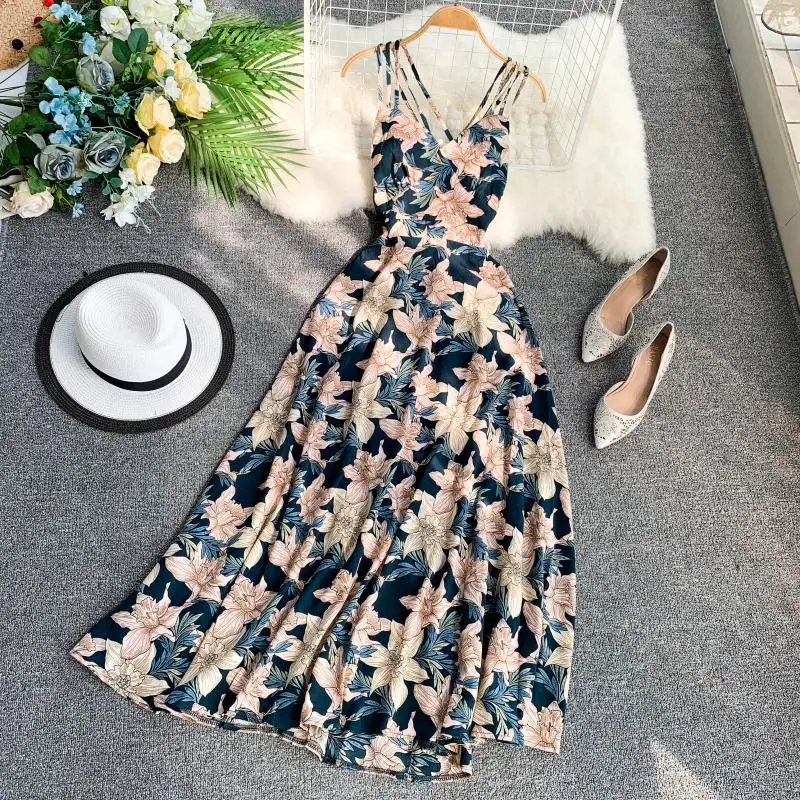 

Women's summer flower print backless shoulder-straps dress lady's sleeveless sunscreen long beach vacation Bohemia dress TB1066