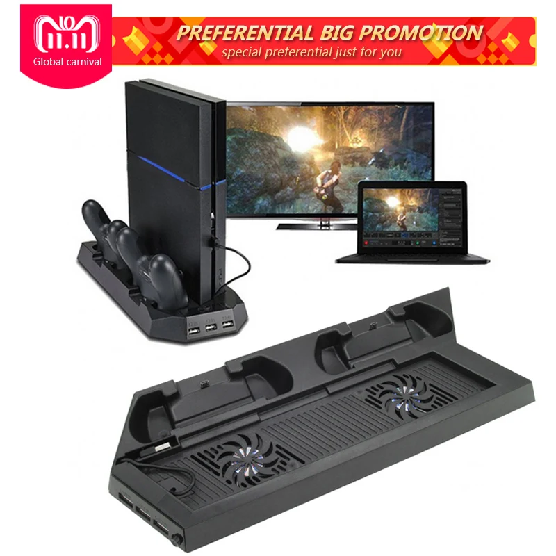 

2 in 1 For PS4 3 Port USB Game console Vertical bracket cooling fan Gamepad charger for SONY Playstation 4 PS4 / PS4 Slim