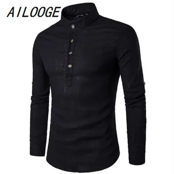 

AILOOGE casual Shirt Cotton Linen Blended Mandarin Collar Breathable Comfy Traditional Chinese Style long sleeve shirts EU size
