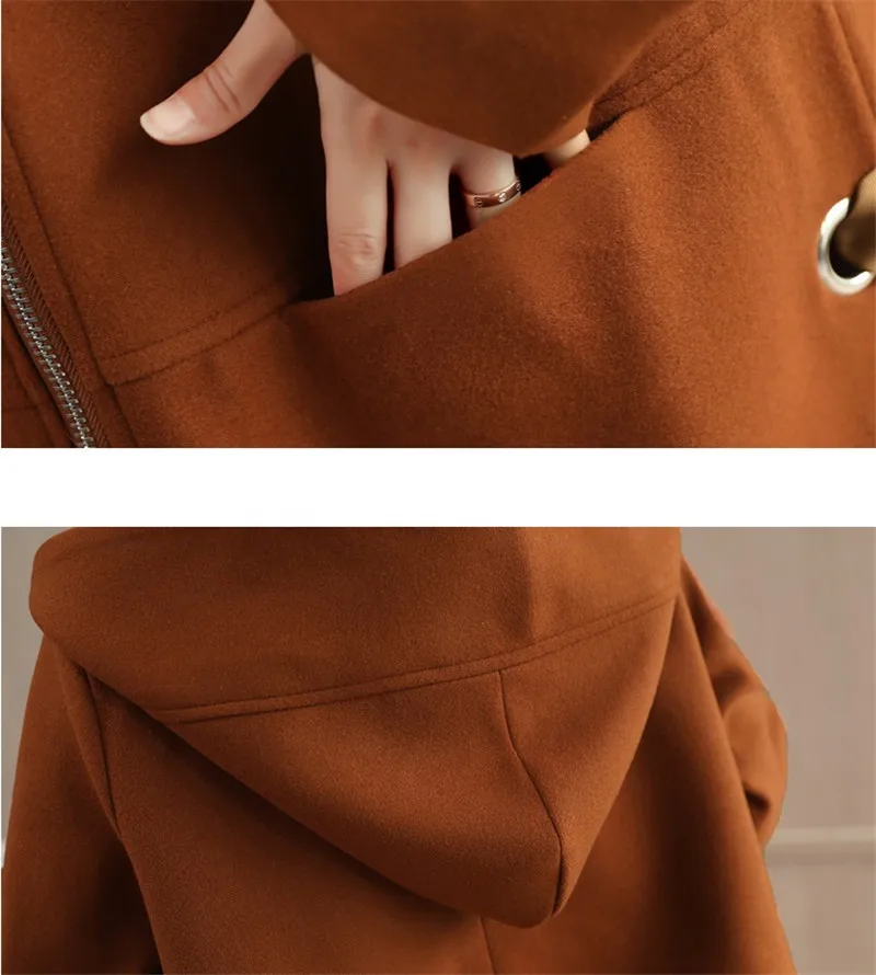 Осенне-зимнее корейское шерстяное пальто для женщин, свободная длинная повседневная куртка, пальто для женщин, прямой карамельный цвет, верхняя одежда с капюшоном, A363