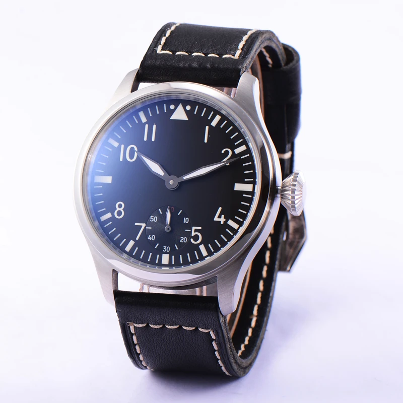 46mm Parnis 6498 Hand Winding Movement Black Dial Wrist Watch Men
