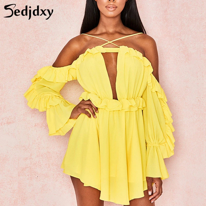 

2019 Summer Women Cross Spaghetti Strap Chiffon Beach Dress Long Flare Sleeve Backless Sexy Mini Dresses