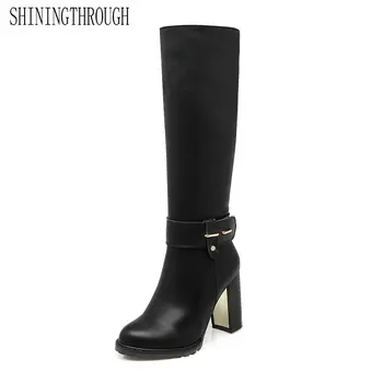 

SHININGTHROUGH Women's Winter Shoes Natural pu Leather Women Winter Boot High Quality Knee High Boots Brand Women Winter Shoes